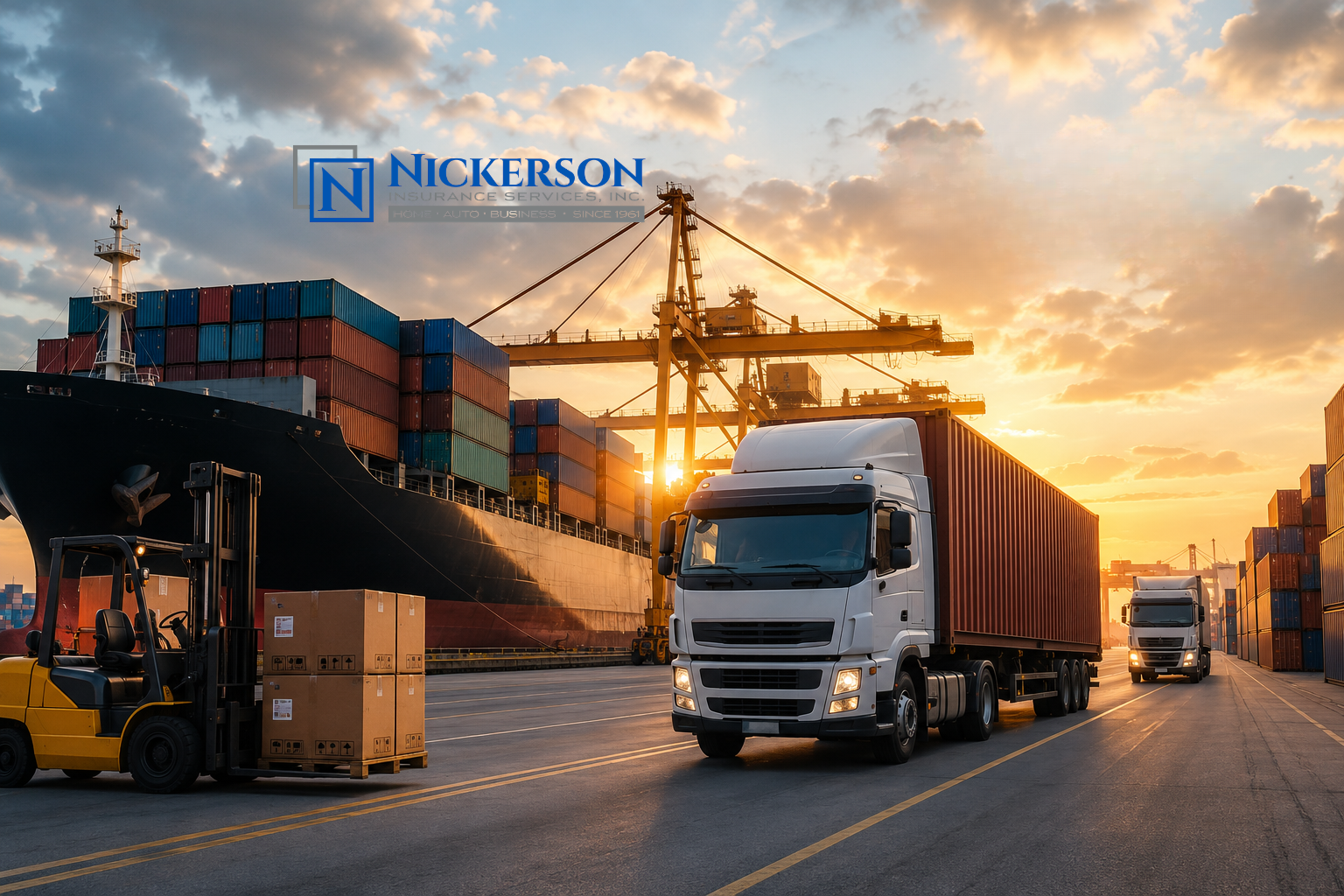 Cargo ship, freight trucks, shipping containers, and a forklift at a busy port during sunset.