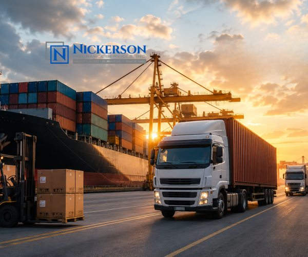 Cargo ship, freight trucks, shipping containers, and a forklift at a busy port during sunset.